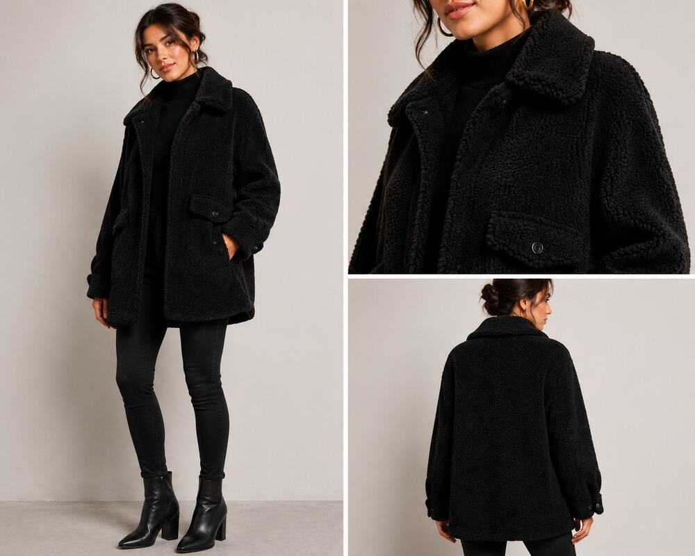 Zara Black Teddy Sherpa Peacoat Jacket Large